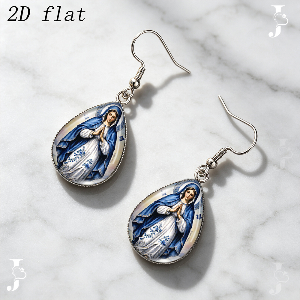 Virgin Mary Praying Pattern Teardrop Dangle Earrings, Handmade Gift